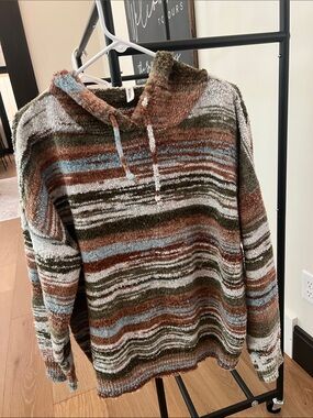 Wishlist Knit Brushed Striped Hooded Sweater - Mocha Olive